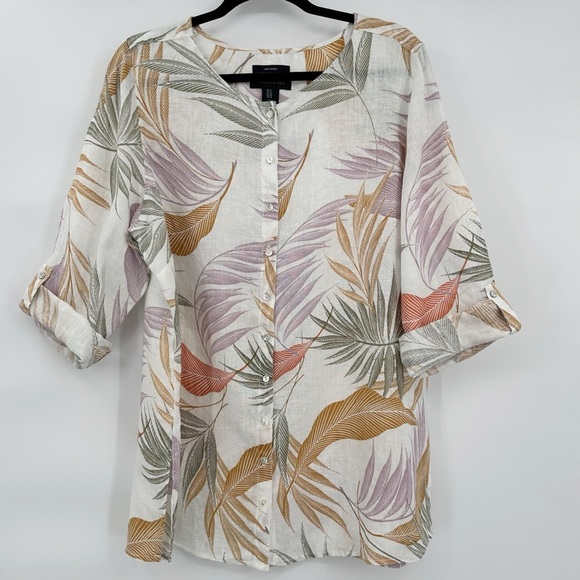 Tahari Button Down Women's Tunic Shirt 100% Linen Top Tropical Palm Floral 1X - Picture 1 of 10